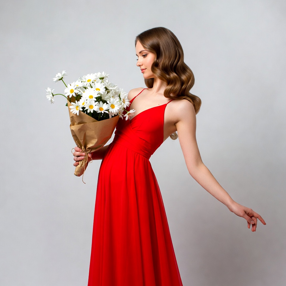 Woman holding daisies in red dress Woman holding daisies in red dress