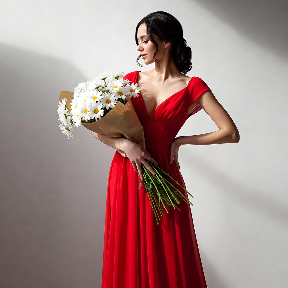 Woman holding white daisies in red dress Woman holding white daisies in red dress