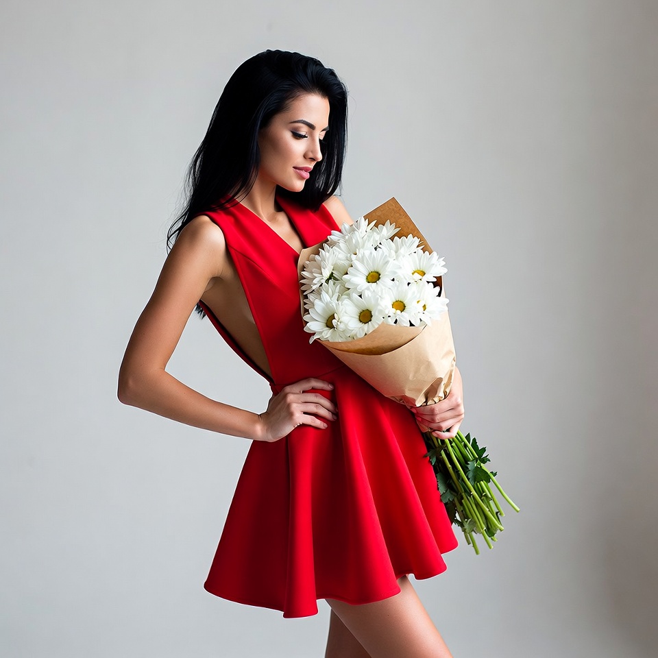 Woman holding white daisies in red dress Woman holding white daisies in red dress