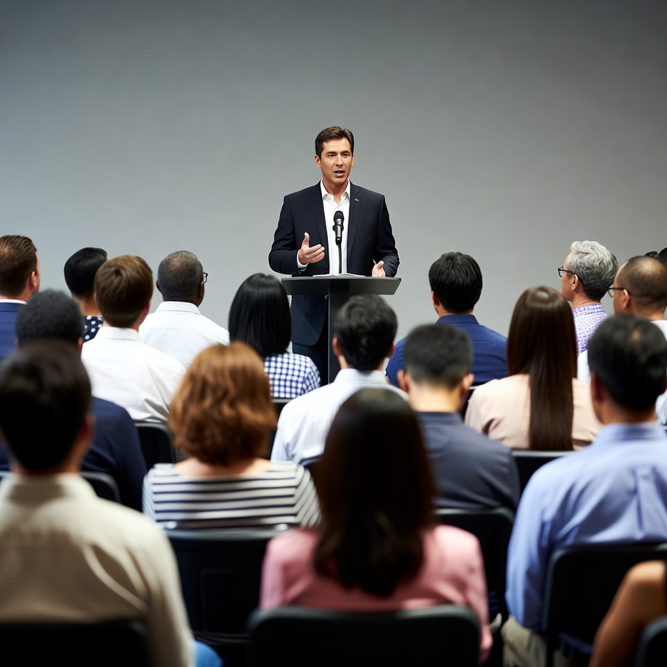 Man speaking at podium to audience Man speaking at podium to audience