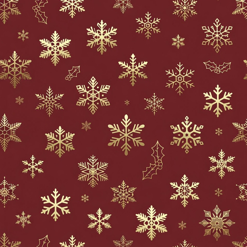 Gold Snowflakes and Holly on Red Background Gold Snowflakes and Holly on Red Background