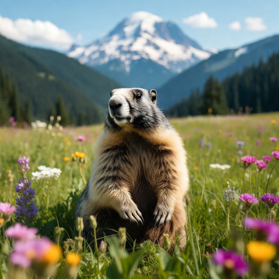 Marmot in wildflower meadow with Mount Rainier Marmot in wildflower meadow with Mount Rainier