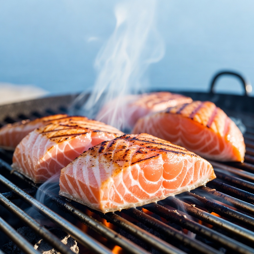 Grilled Salmon Fillets on Barbecue Grilled Salmon Fillets on Barbecue