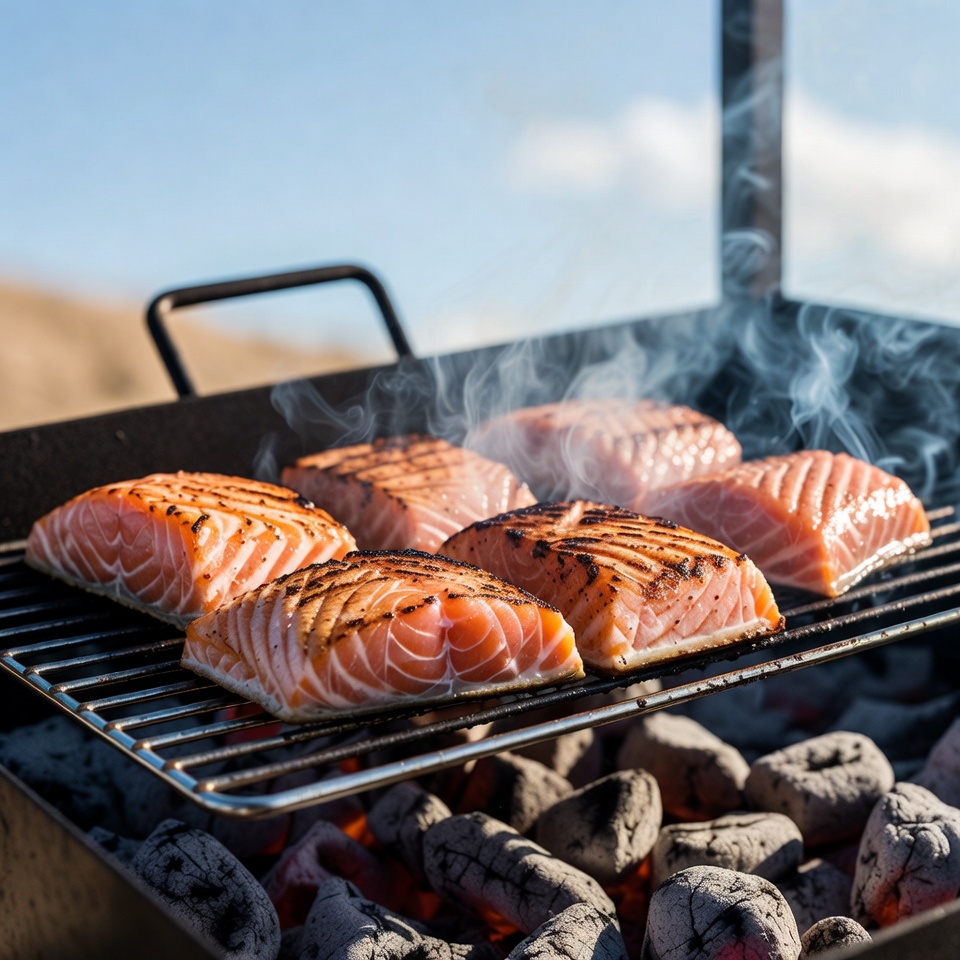 Salmon fillets grilling on barbecue Salmon fillets grilling on barbecue