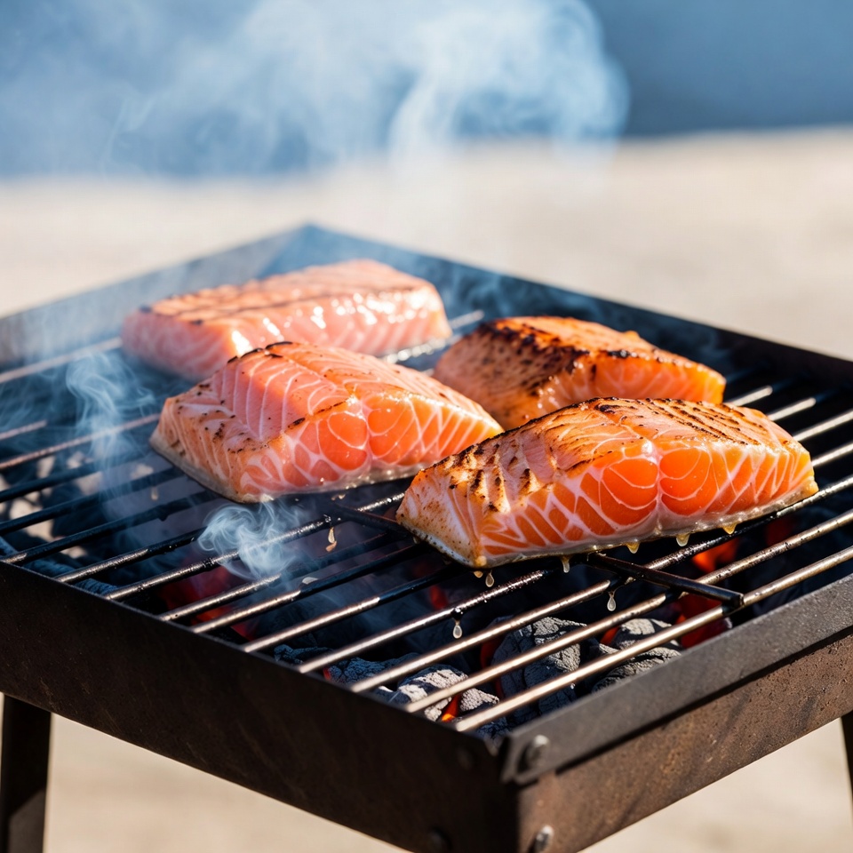 Salmon fillets grilling on beach barbecue Salmon fillets grilling on beach barbecue