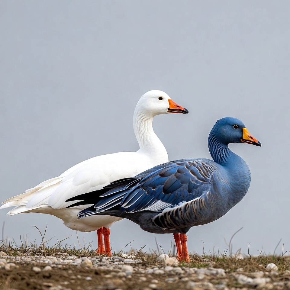 White and Blue Goose Standing Together White and Blue Goose Standing Together