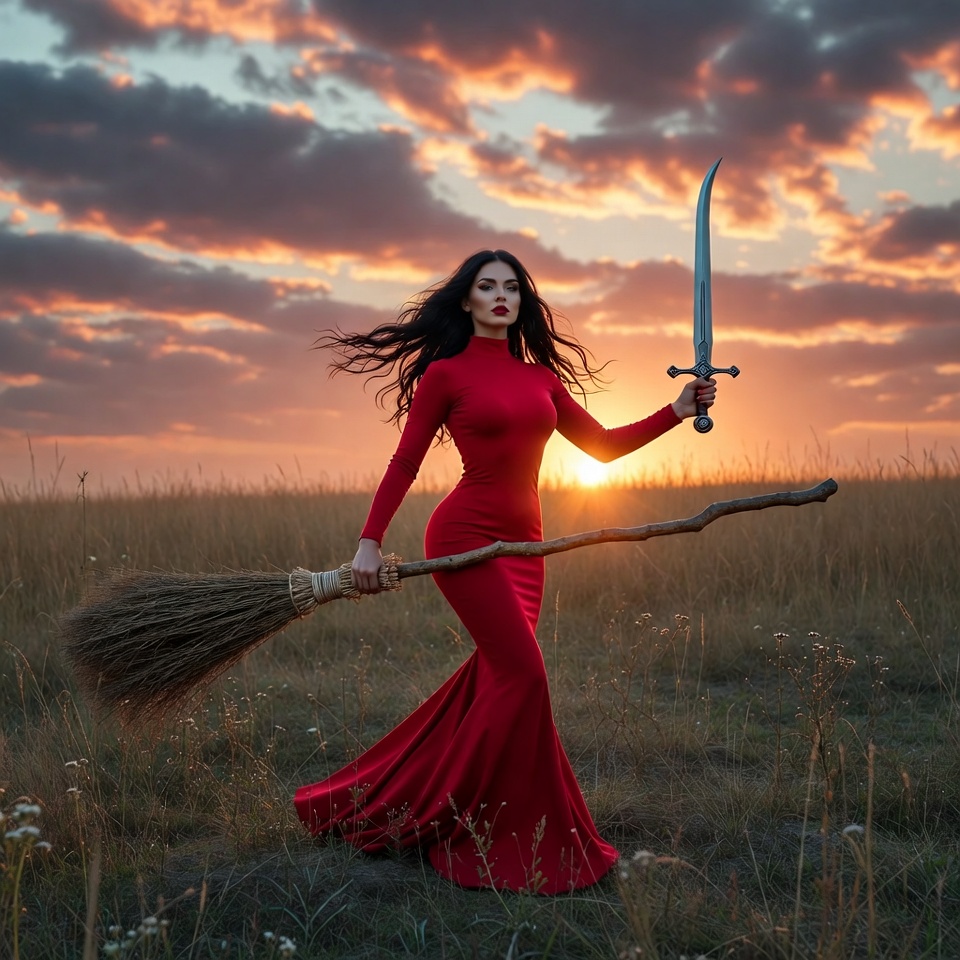 Woman holding sword and broomstick at sunset Woman holding sword and broomstick at sunset