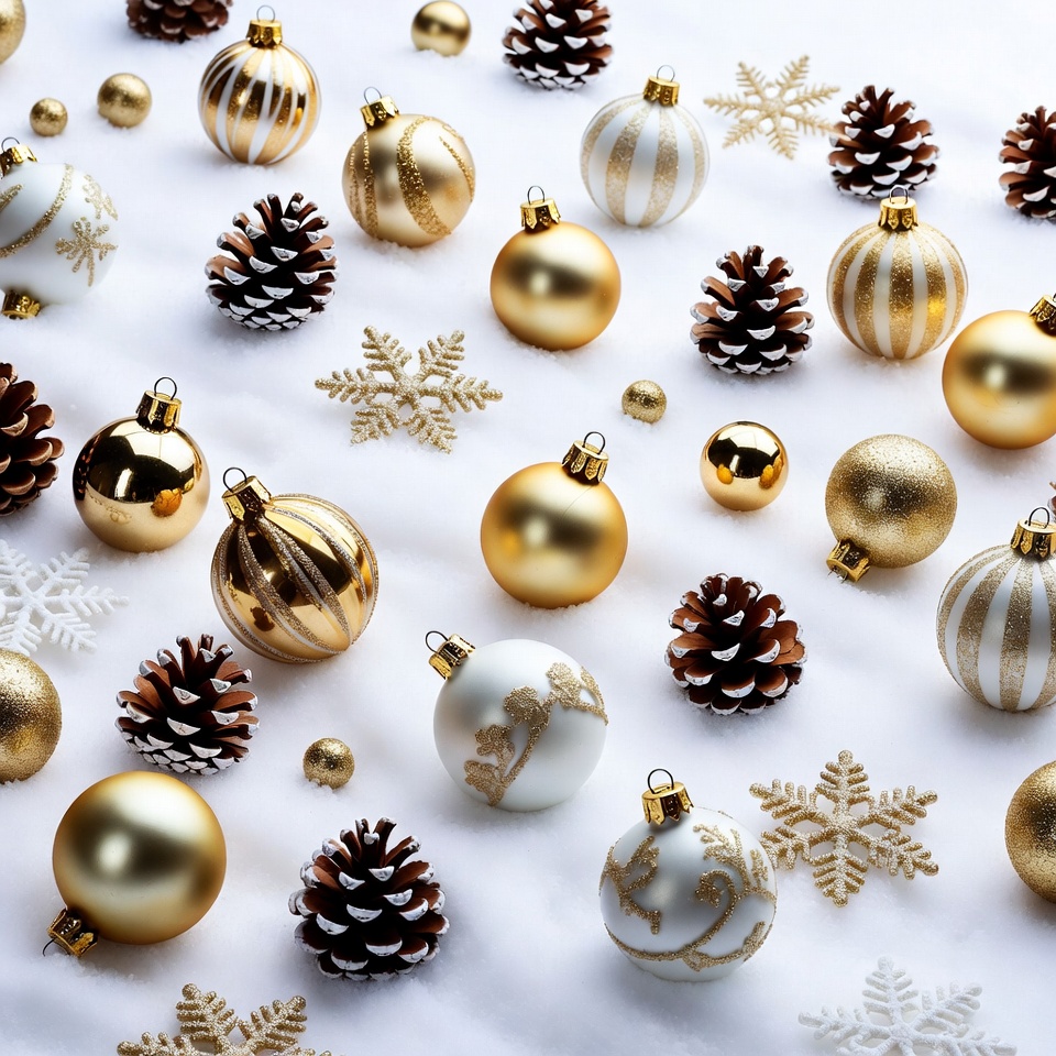 Gold Christmas Ornaments and Pine Cones Gold Christmas Ornaments and Pine Cones