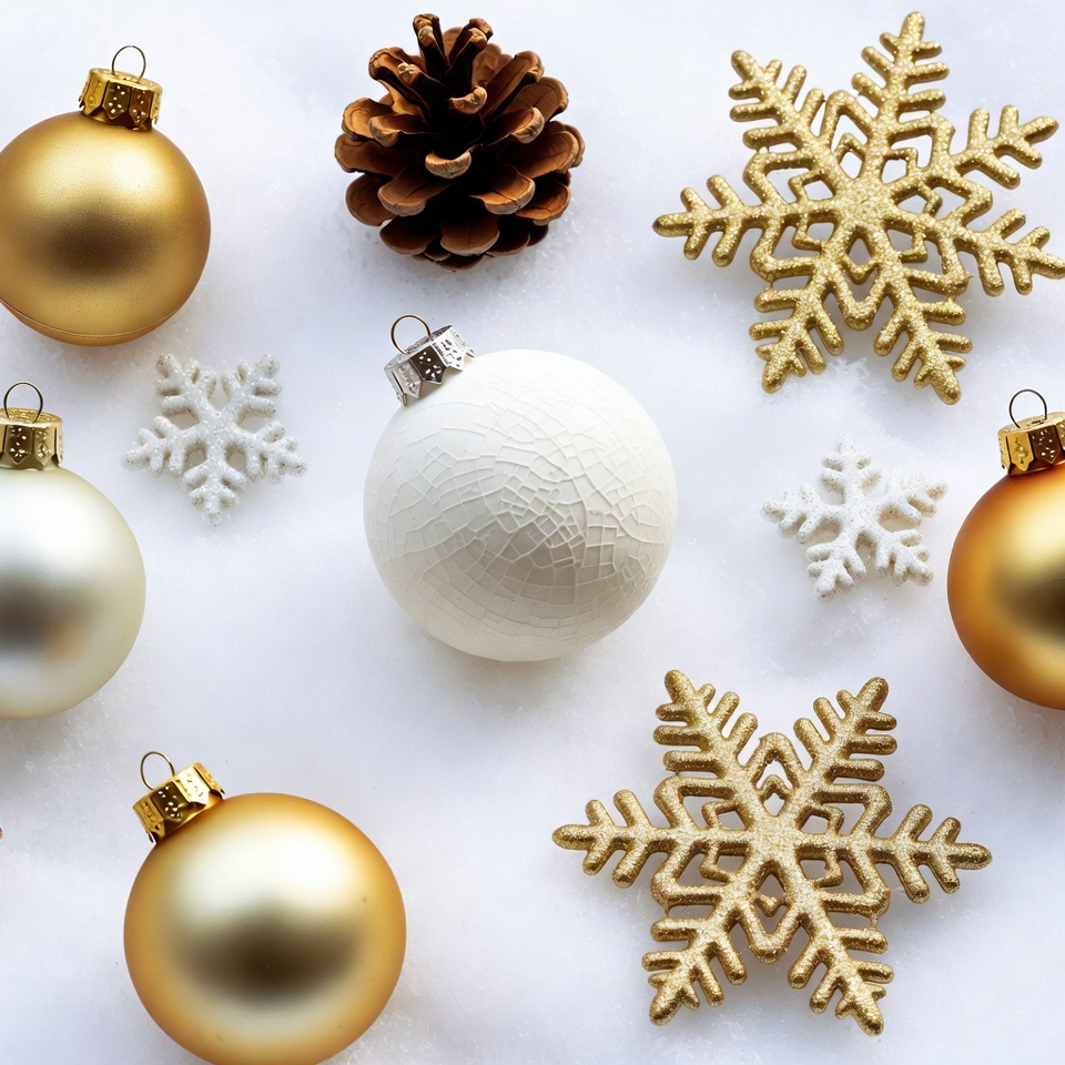 Gold and White Christmas Ornaments on Snow Gold and White Christmas Ornaments on Snow