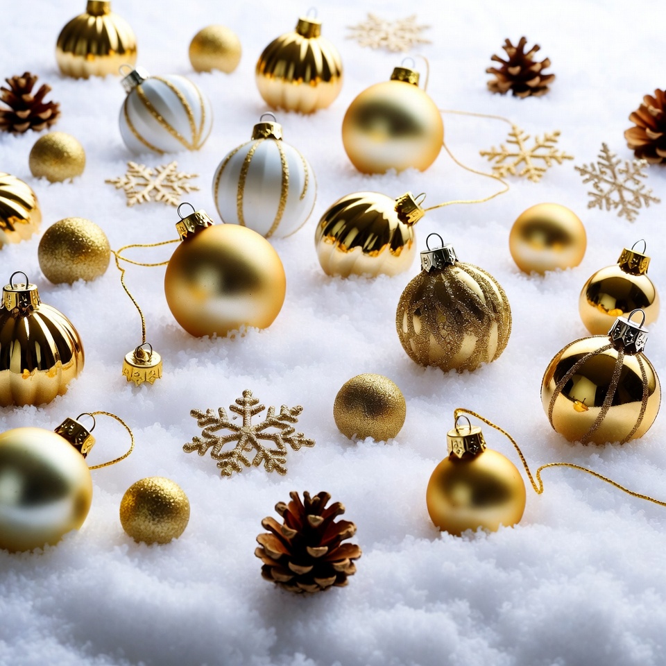 Gold and White Christmas Ornaments on Snow Gold and White Christmas Ornaments on Snow