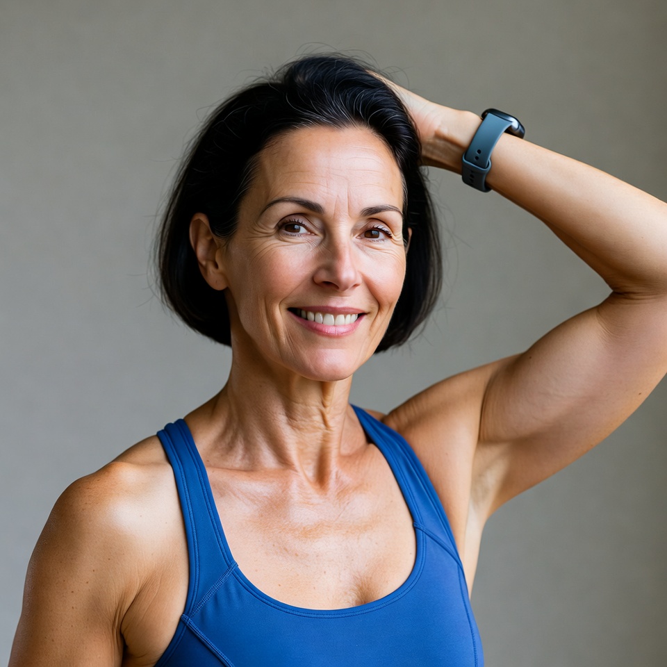 Smiling mature woman flexing arm Smiling mature woman flexing arm