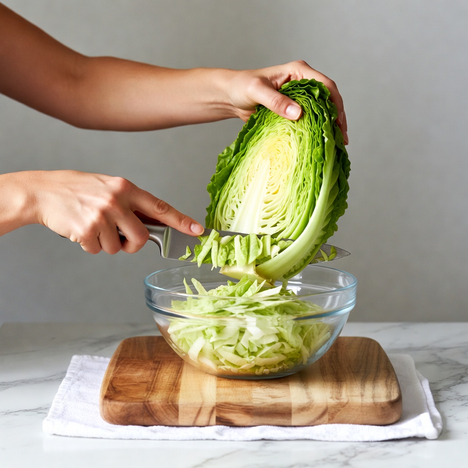 Woman shredding cabbage into bowl Woman shredding cabbage into bowl