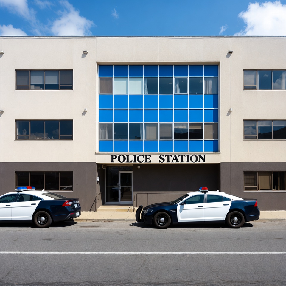 Police Station with Parked Cars Police Station with Parked Cars