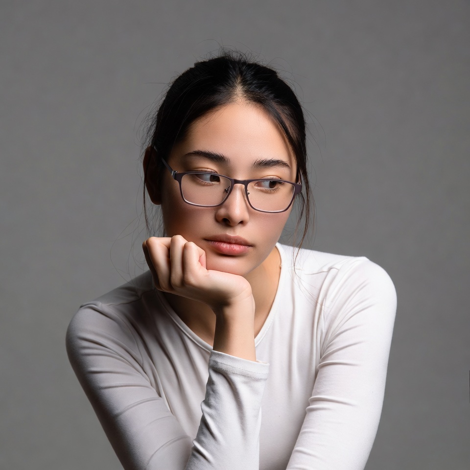 Asian woman in glasses with hand on chin Asian woman in glasses with hand on chin