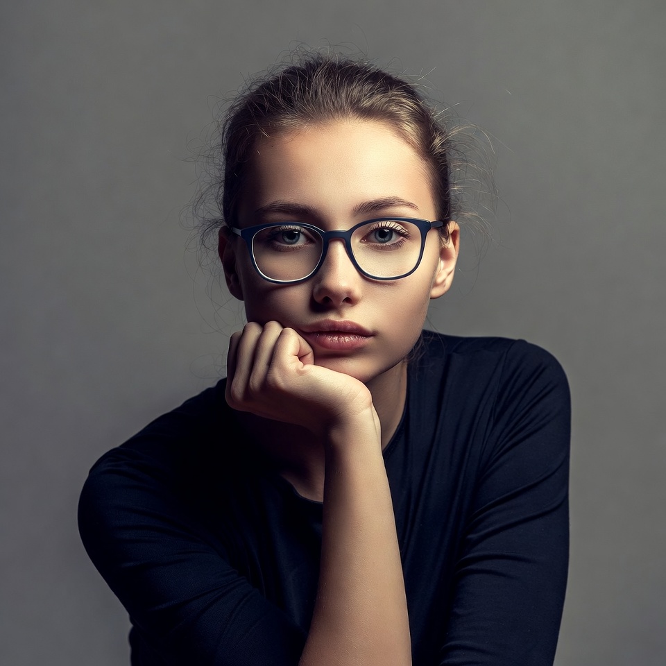 Young woman with glasses hand on chin Young woman with glasses hand on chin