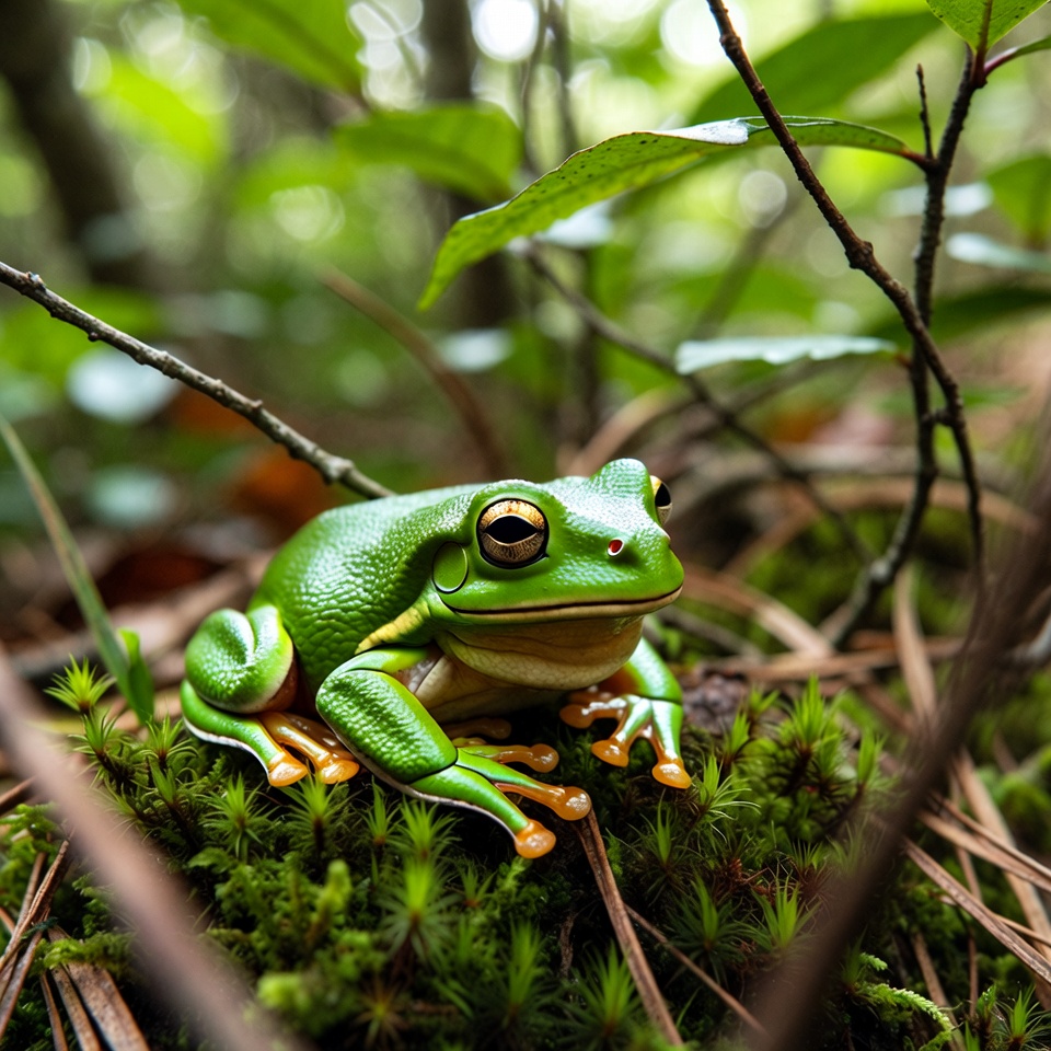 Green tree frog on moss Green tree frog on moss