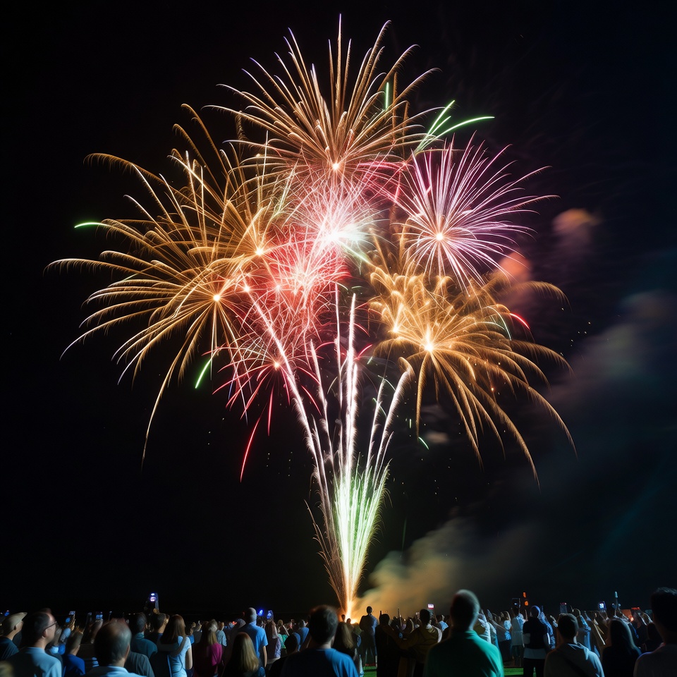 Colorful Fireworks Over Crowd Colorful Fireworks Over Crowd