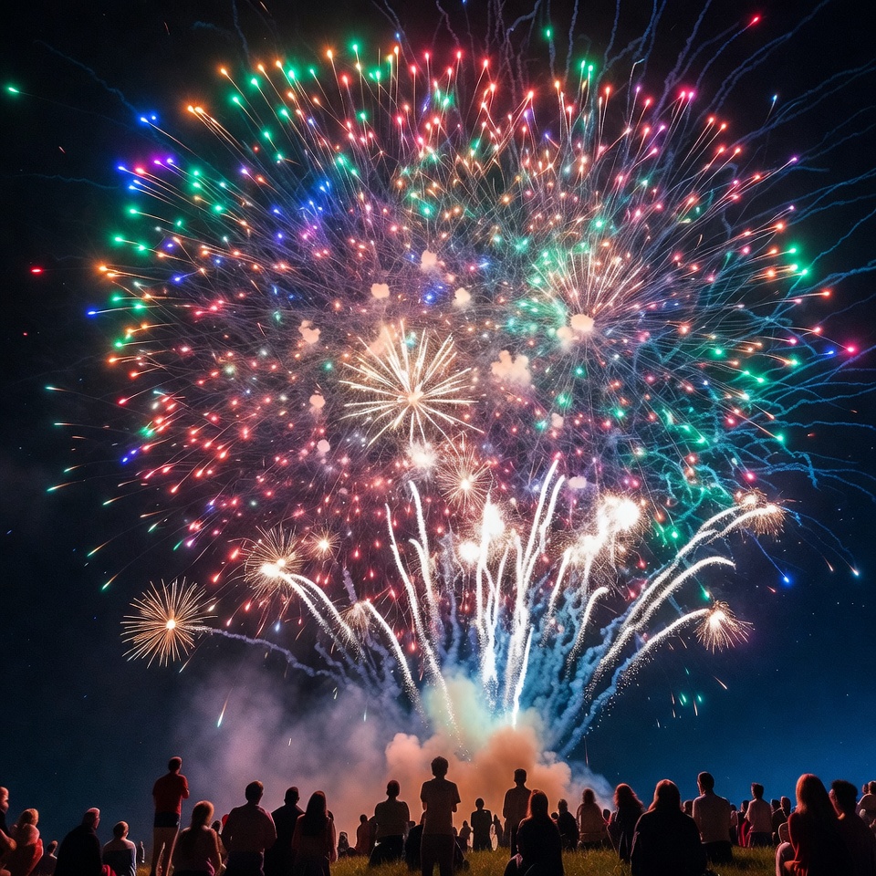Crowd watching colorful fireworks display Crowd watching colorful fireworks display