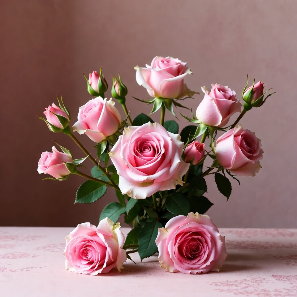 Pink Roses Bouquet on Table Pink Roses Bouquet on Table