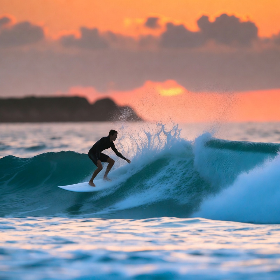 Man surfing on wave at sunset Man surfing on wave at sunset