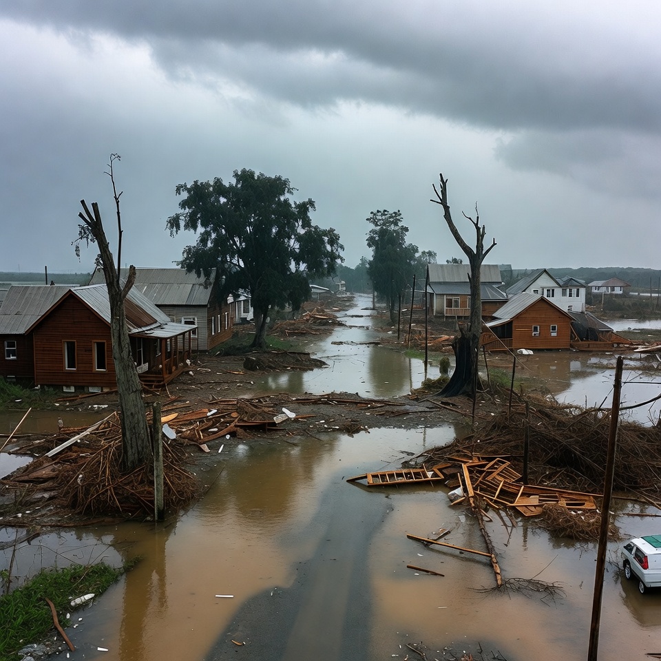 Flooded Village Street with Debris Flooded Village Street with Debris