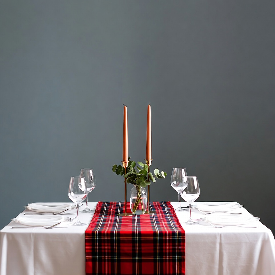 Elegant Table with Red Plaid Runner Elegant Table with Red Plaid Runner
