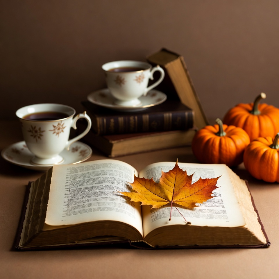 Open Book with Autumn Leaves Pumpkins Open Book with Autumn Leaves Pumpkins
