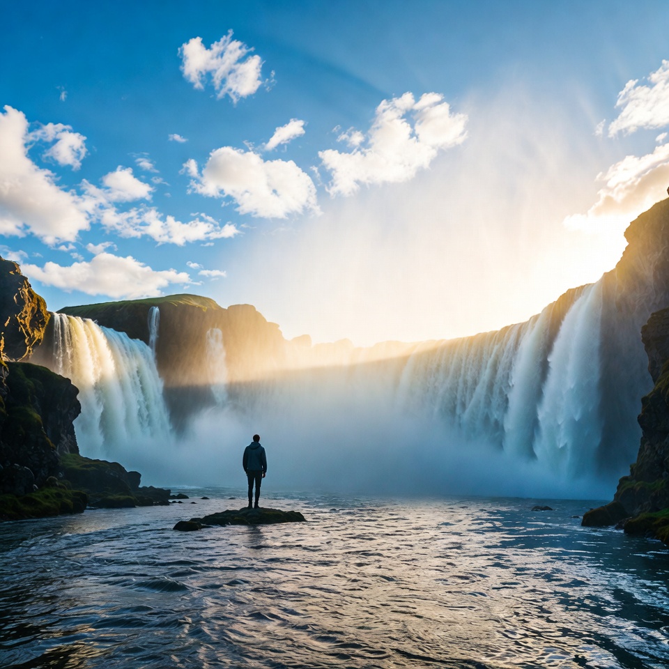 Man standing before majestic waterfall Man standing before majestic waterfall