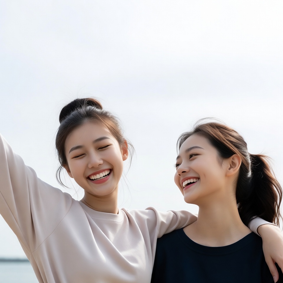 Two Asian girls hugging and smiling Two Asian girls hugging and smiling