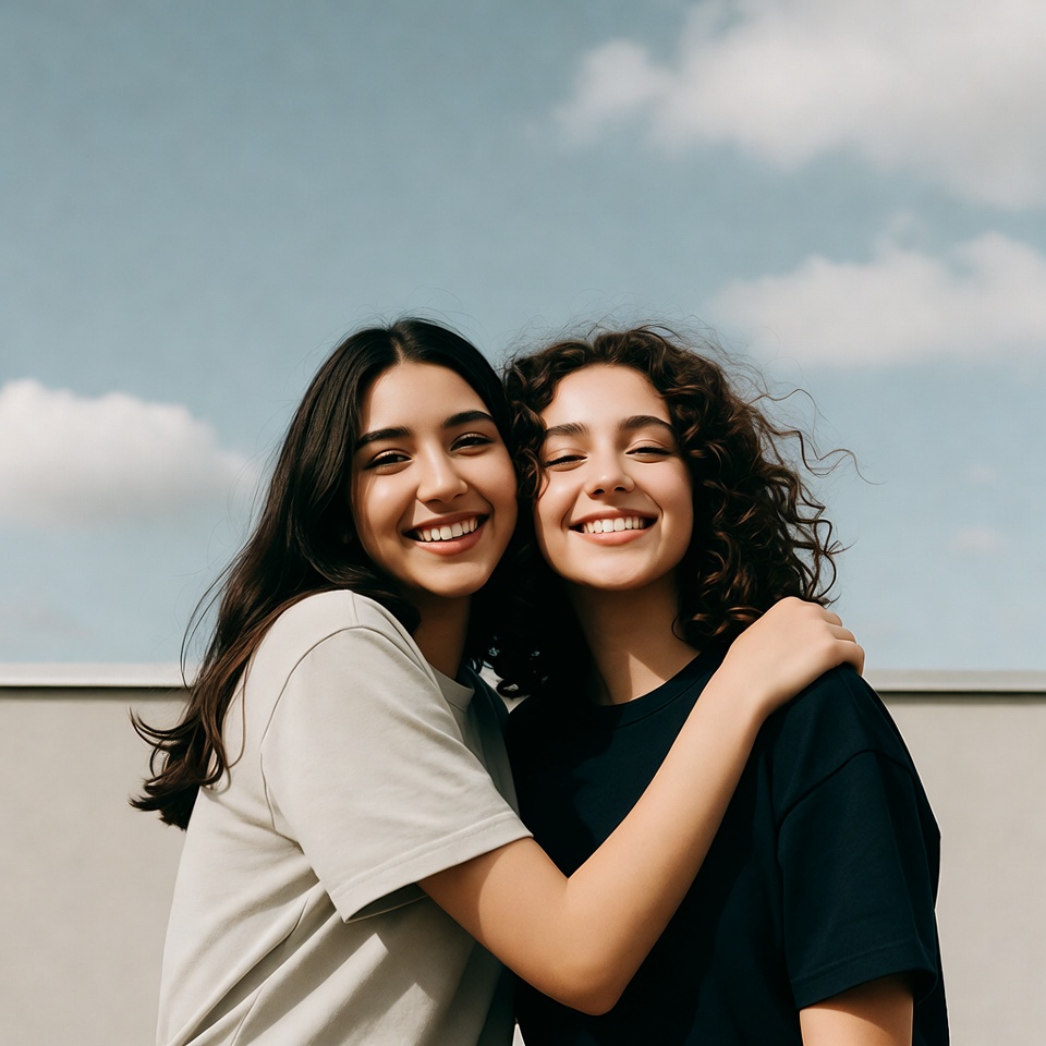 Two smiling girls hugging outdoors Two smiling girls hugging outdoors