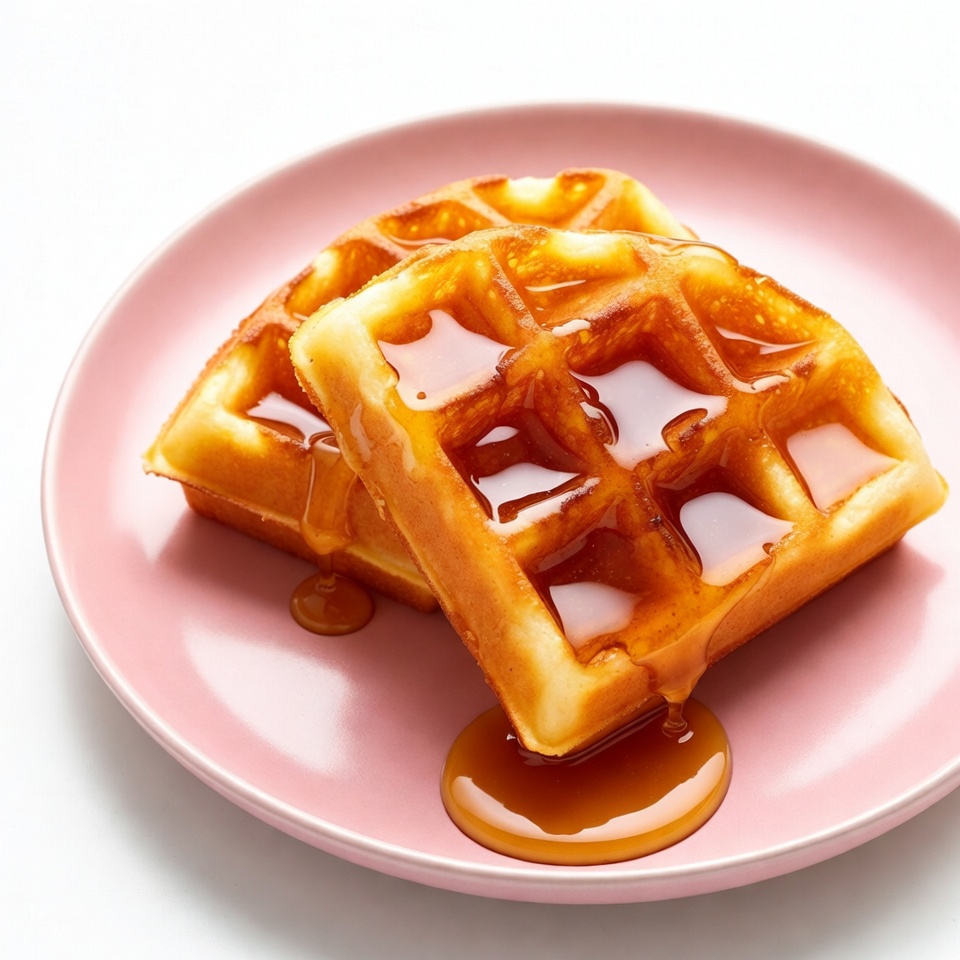 Waffles with syrup on pink plate Waffles with syrup on pink plate