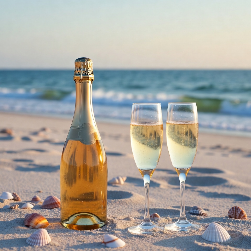 Champagne Bottle and Glasses on Beach Champagne Bottle and Glasses on Beach