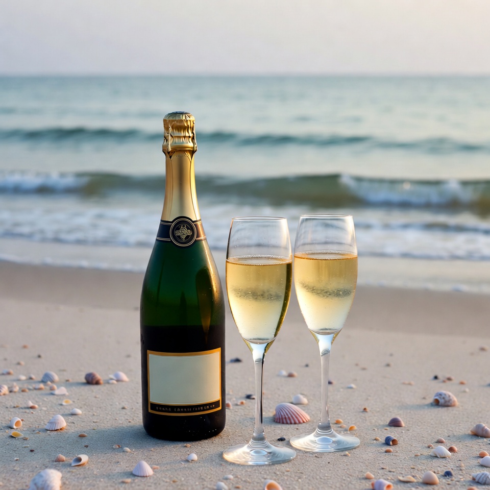 Champagne bottle and glasses on beach Champagne bottle and glasses on beach