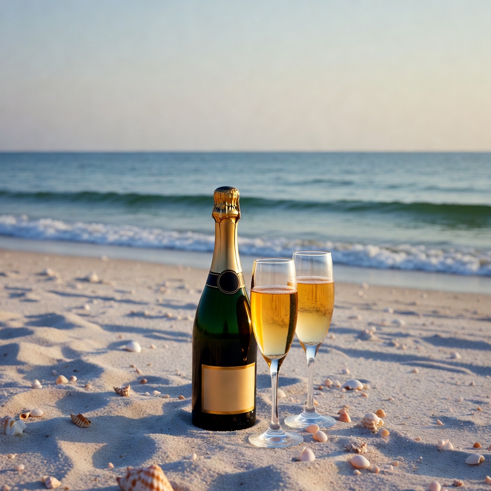 Champagne Bottle Glasses on Beach Champagne Bottle Glasses on Beach
