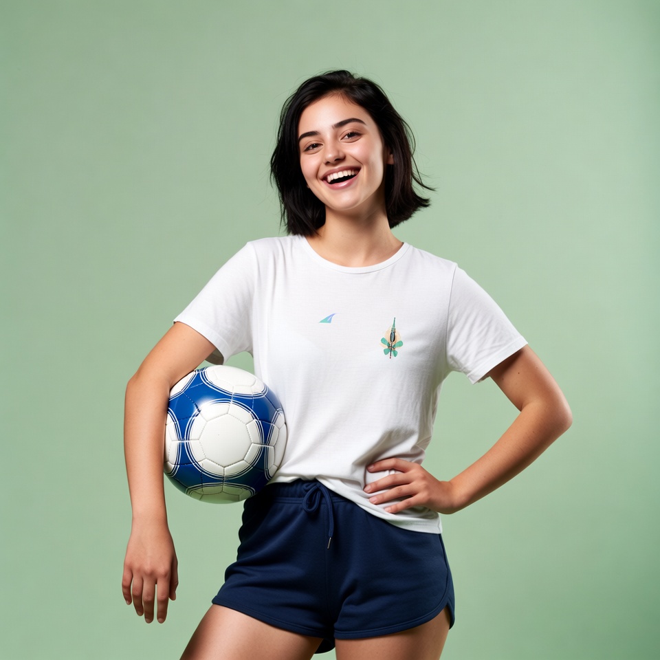 Smiling woman holding soccer ball Smiling woman holding soccer ball