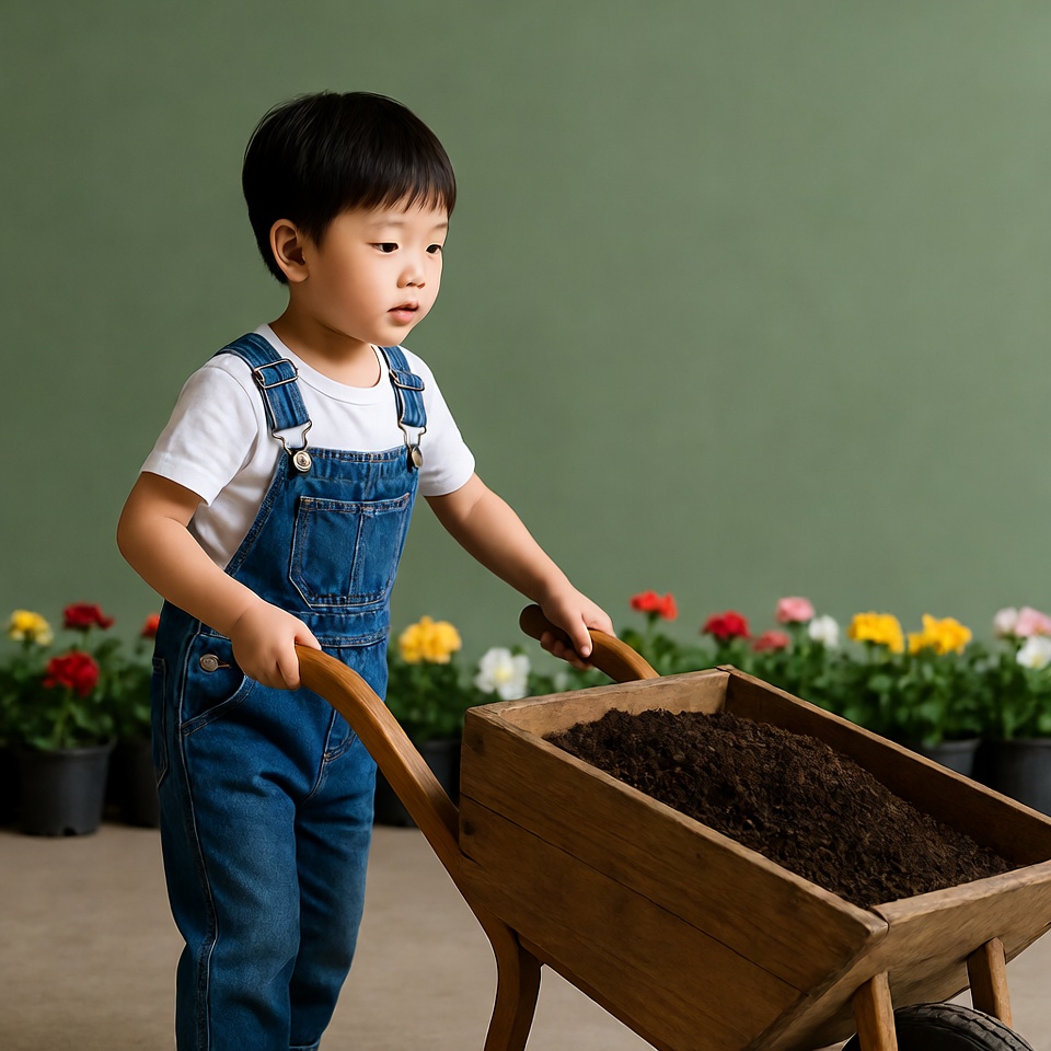 Asian boy pushing wheelbarrow with dirt Asian boy pushing wheelbarrow with dirt