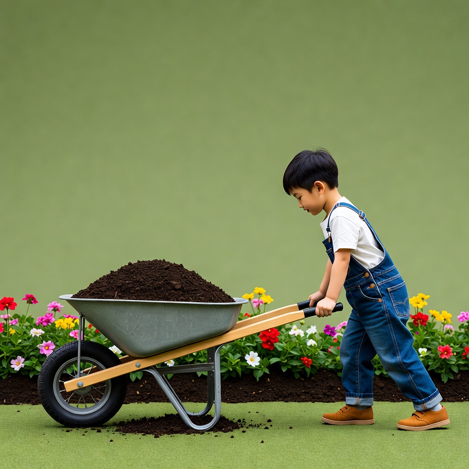 Boy pushing wheelbarrow with dirt Boy pushing wheelbarrow with dirt
