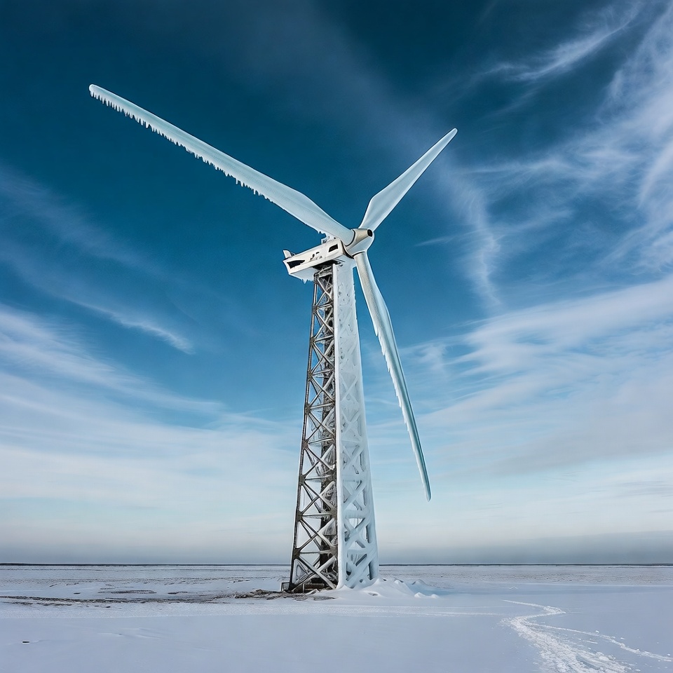 Icy Wind Turbine in Snowy Landscape Icy Wind Turbine in Snowy Landscape