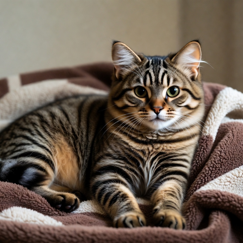 Tabby cat on blanket Tabby cat on blanket