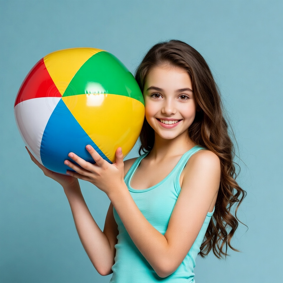 Girl holding colorful beach ball Girl holding colorful beach ball