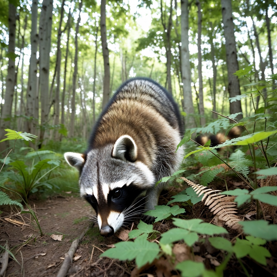 Raccoon foraging in green forest Raccoon foraging in green forest