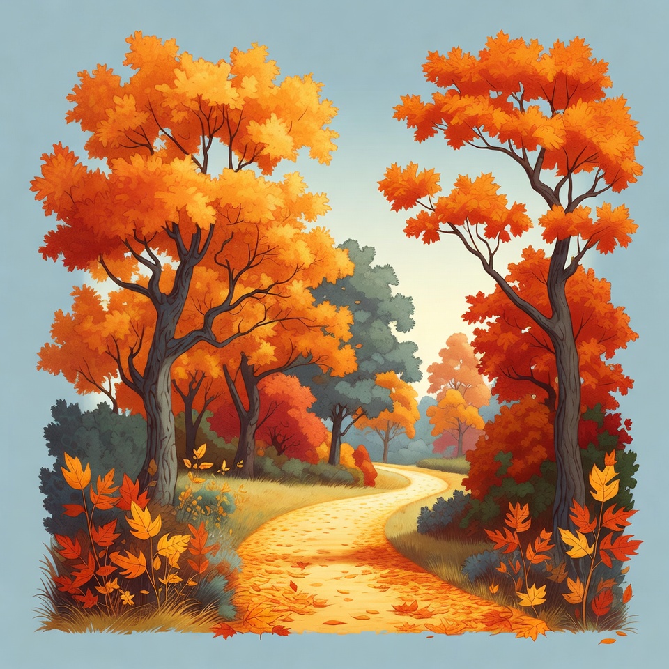 Autumn Forest Path with Orange Trees Autumn Forest Path with Orange Trees