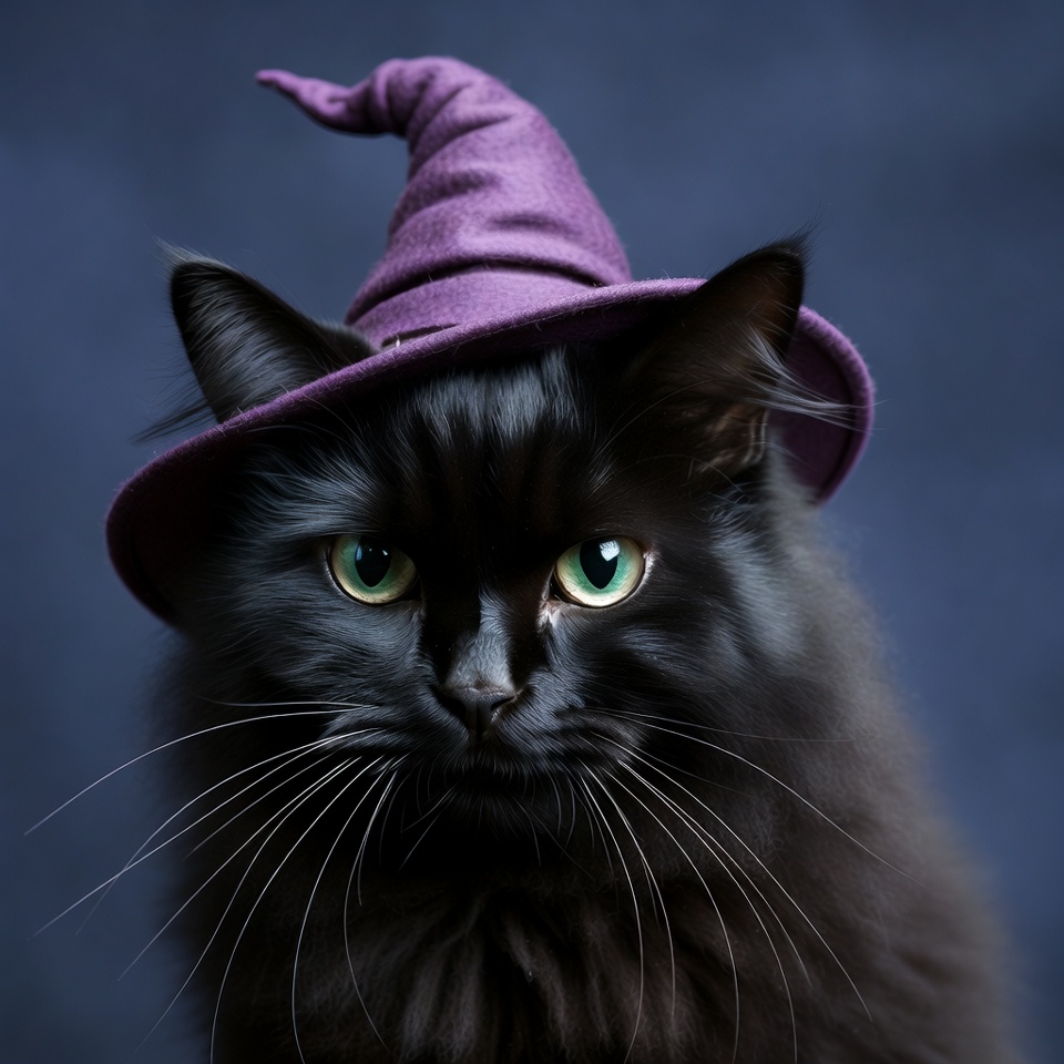 Black cat wearing purple witch hat Black cat wearing purple witch hat