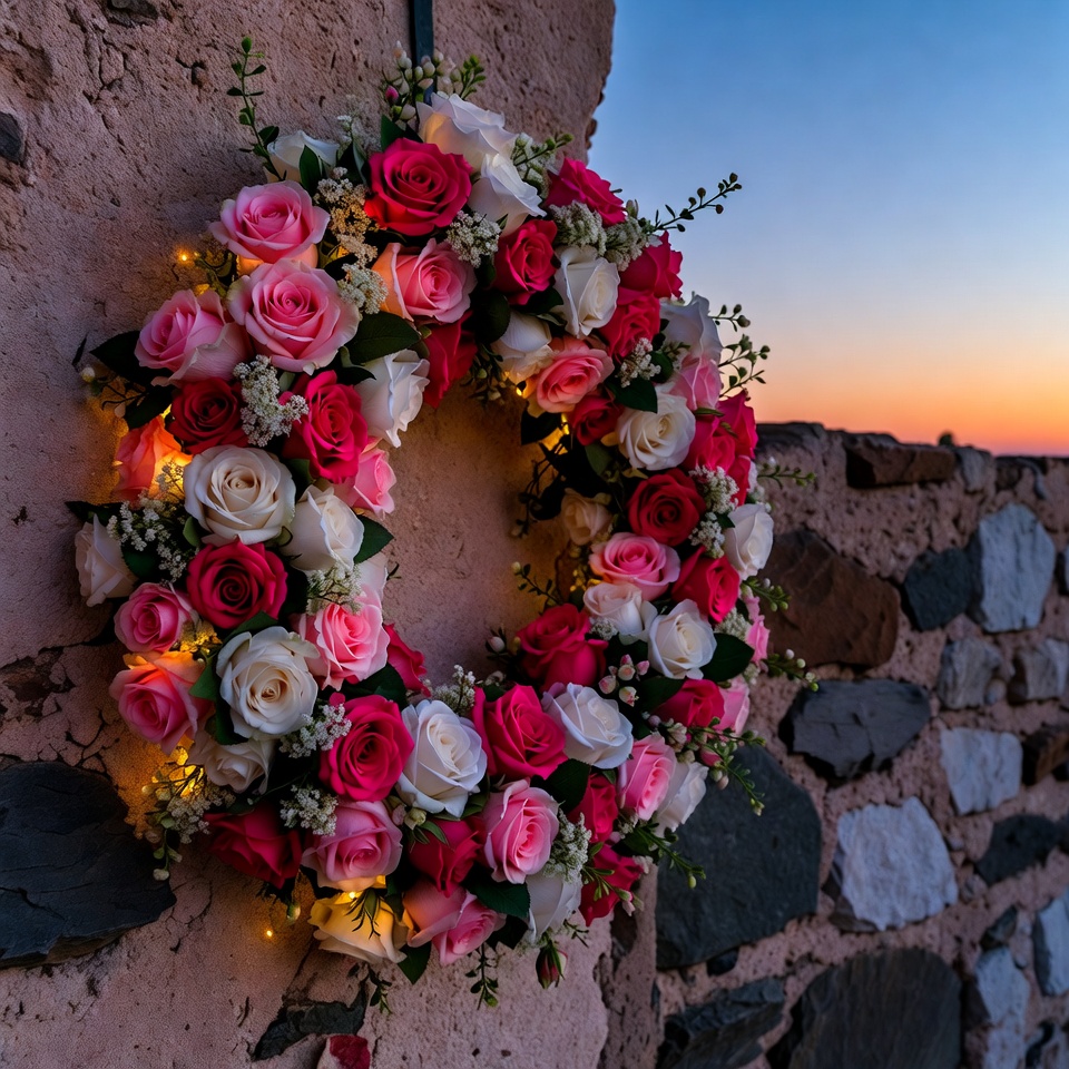 Pink and White Rose Wreath on Stone Wall Pink and White Rose Wreath on Stone Wall