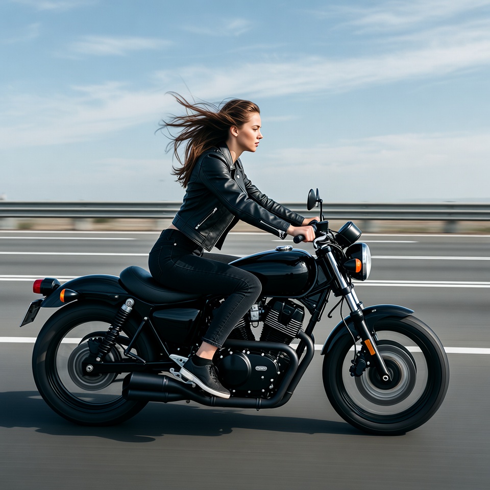 Woman riding black motorcycle on highway Woman riding black motorcycle on highway