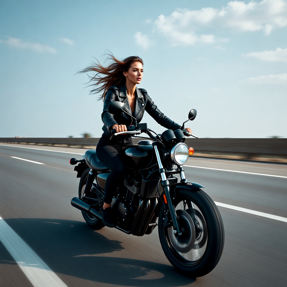 Woman riding motorcycle on highway Woman riding motorcycle on highway
