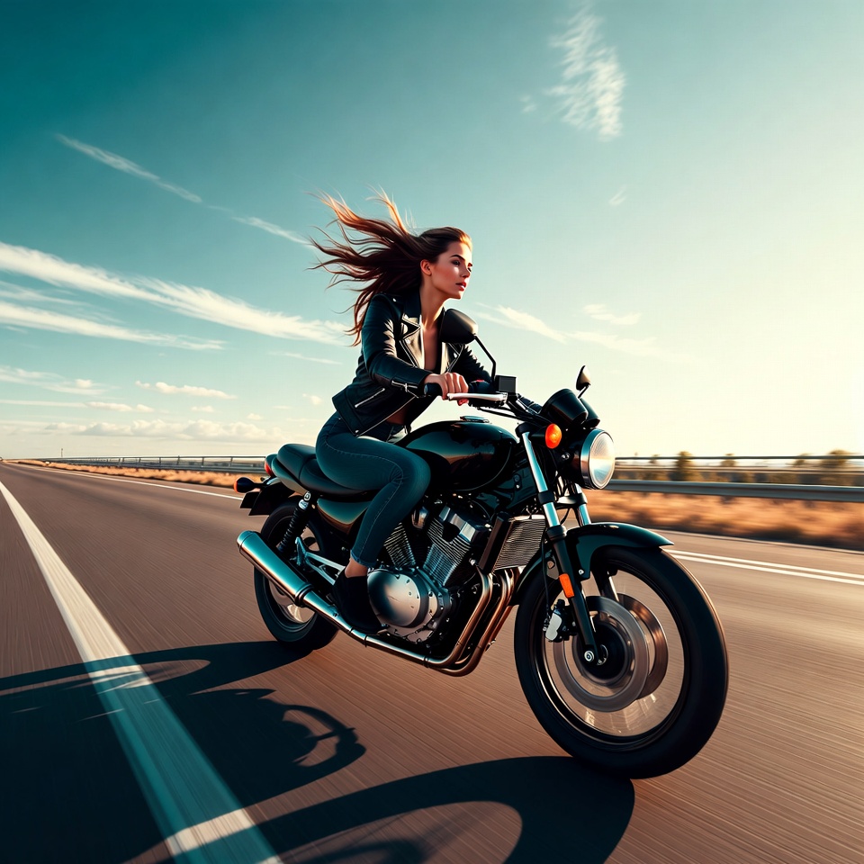 Woman riding motorcycle on highway Woman riding motorcycle on highway