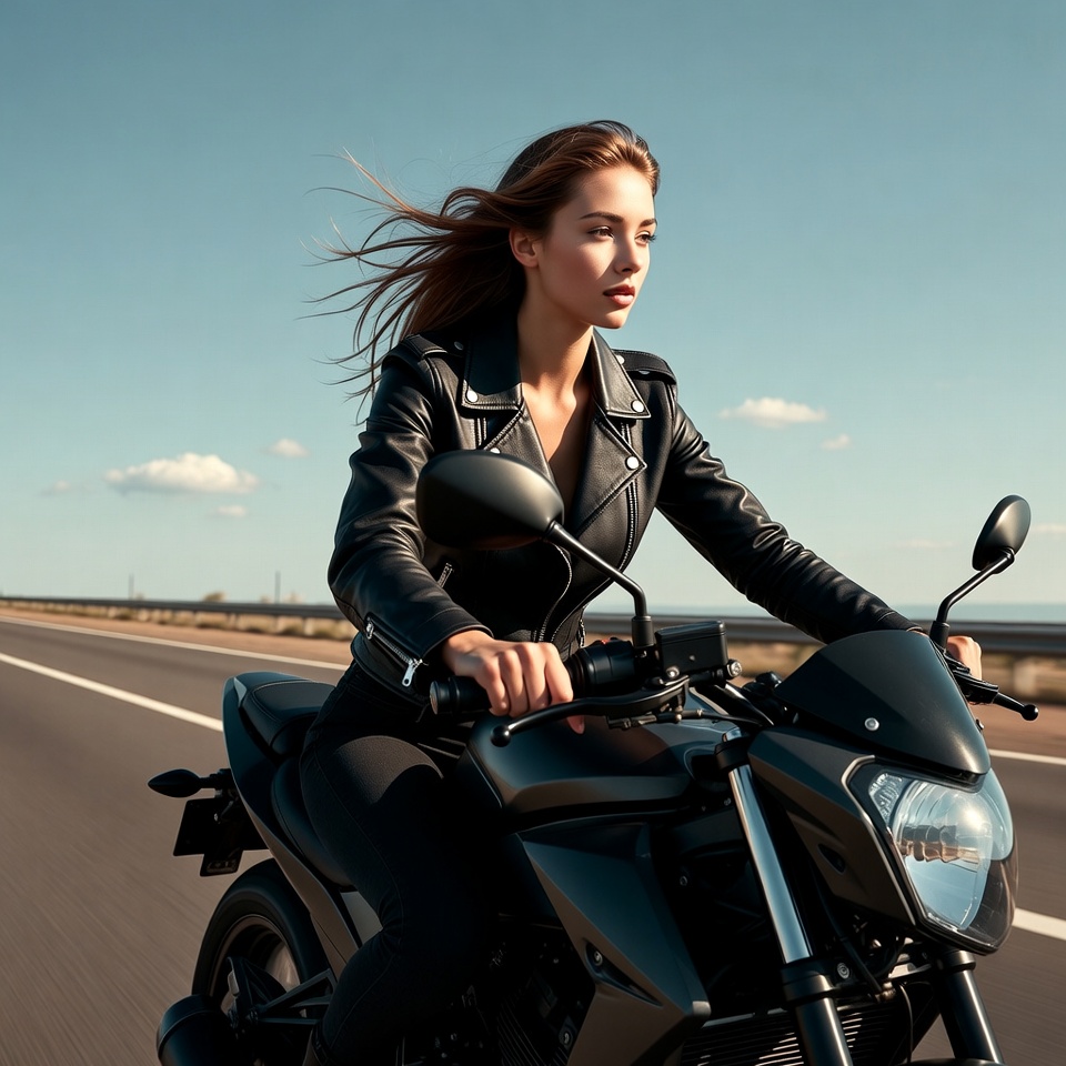 Woman riding black motorcycle on highway Woman riding black motorcycle on highway