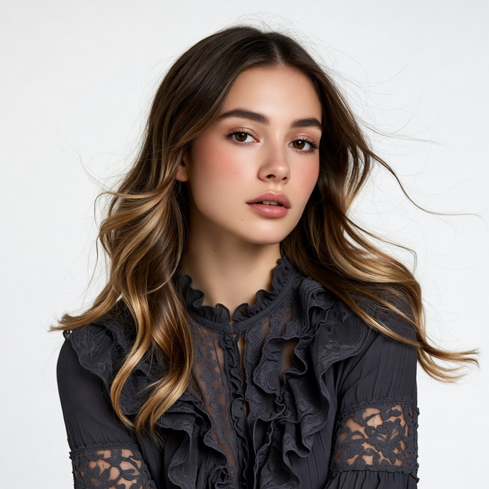 Young woman in black ruffled blouse Young woman in black ruffled blouse