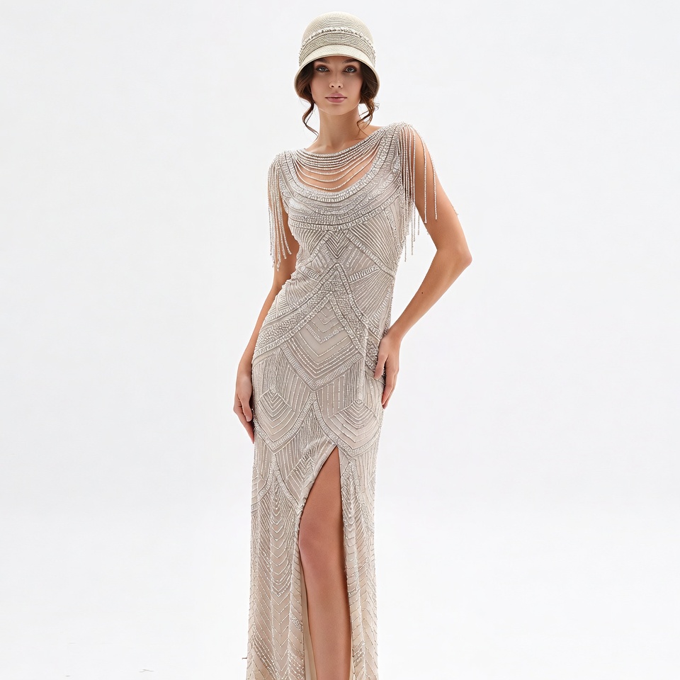 Woman in Beaded Flapper Dress with Cloche Hat Woman in Beaded Flapper Dress with Cloche Hat